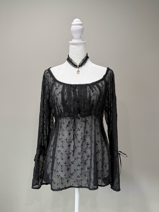 Vintage Tops - Vintage Soft Touch Gothic Black Sheer Babydoll Blouse